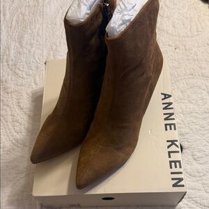 Anne Klein Brown Suede Pointed-Toe Ankle Boots